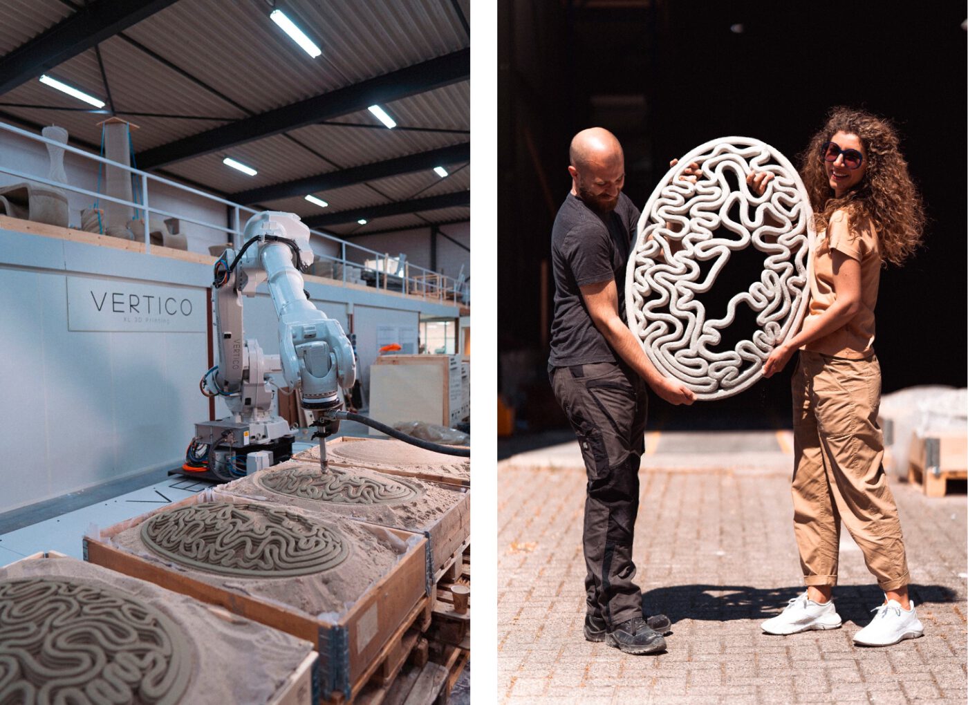 Circular moulds of sand were used as the basis for 3D printing the concrete into a double-curved shape.